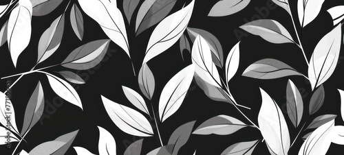 Stencil pattern  modern leaves design  black and white high contrast  sharp clean lines  space between items. Design for fabric  print  wrapping.