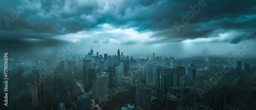Cloudy stormy weather over a vast panoramic view of a city skyline