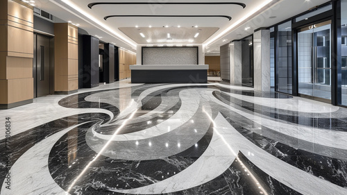 Flowing marble mosaic patterns creating a seamless transition between office zones