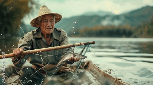 Elderly male fisher in uniform in boat taking caught fish out of net during traditional fishing photo