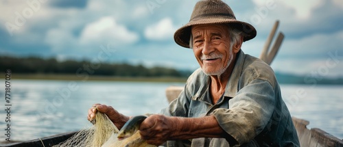 Elderly male fisher in uniform in boat taking caught fish out of net during traditional fishing