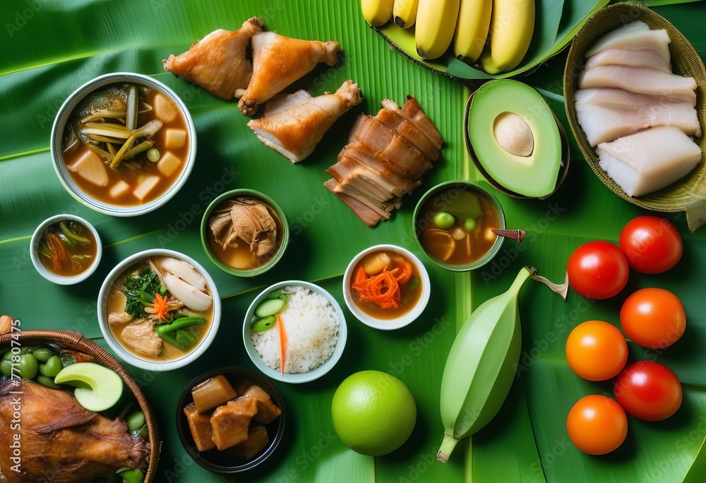 Exploring the Delights of a Filipino Feast with Sinigang, Lechon Kawali, and Chicken Adobo on Banana Lea - obrazy, fototapety, plakaty 