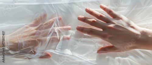 Hands pressing against a transparent flexible surface