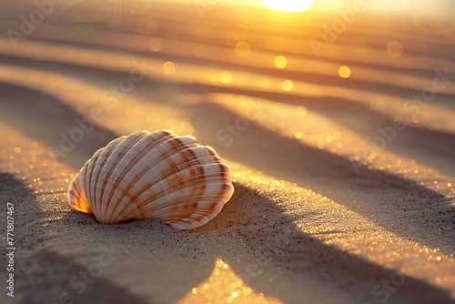 : A textured sand background with a single seashell bathed in the warm glow of a sunset.