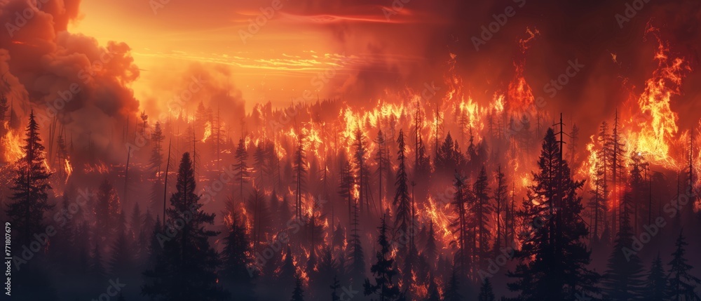 Intense Wildfire Engulfing a Forest at Dusk Intense Wildfire Engulfing a Forest at Dusk