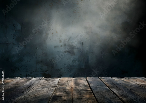 Empty wooden table top with blurred dark background for product display presentation.