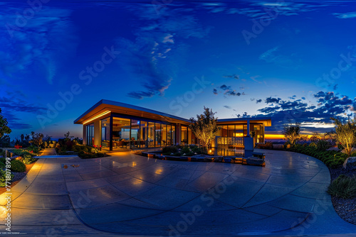 A panoramic shot of a modern residence during the blue hour, where the sky's deep blue contrasts with the housea??s bright, interior lighting 
