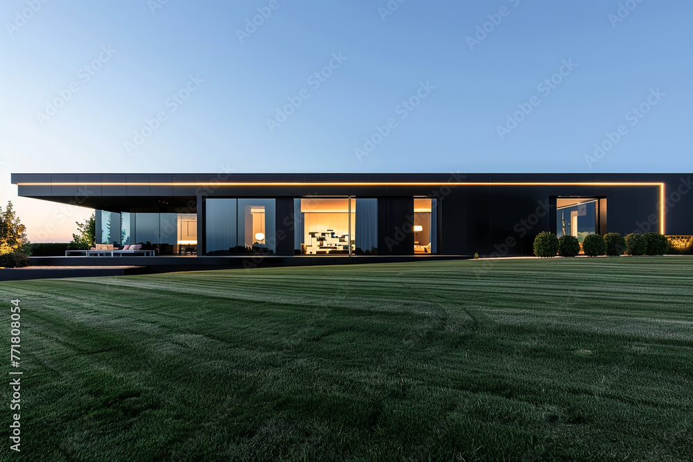 A sleek, modern home with a glossy black exterior, large panoramic windows, and a meticulously manicured lawn in full daylight.
