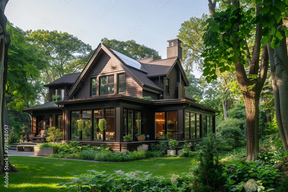 A sophisticated home clad in a rich chocolate brown, nestled within a garden of mature trees and a verdant lawn. The house boasts a blend of traditional and modern elements, 