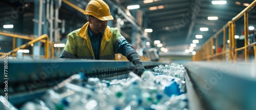 Recycling plant worker overseeing plastic bottle processing