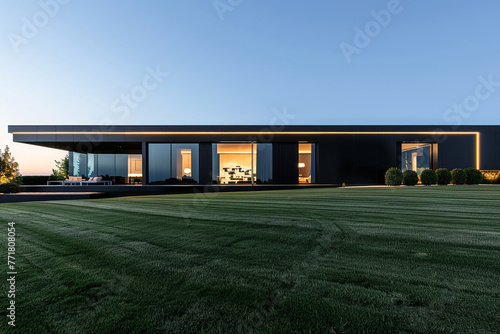 A sleek, modern home with a glossy black exterior, large panoramic windows, and a meticulously manicured lawn in full daylight. © Salar's arts
