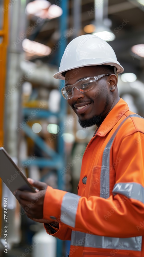 Smiling Engineer Using Tablet in Industrial Facility Smiling Engineer Using Tablet in Industrial Facility