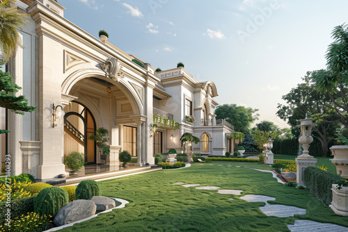 Contemporary luxury residence exterior with a fresh green lawn, detailed landscaping, and a decorative pathway to the ornate entrance.