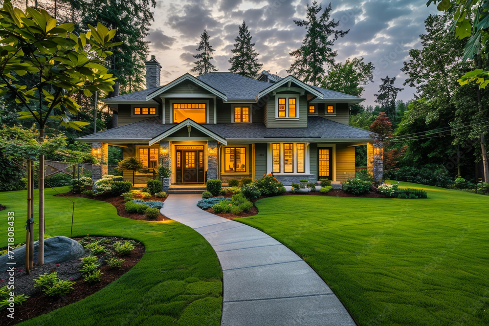 Front view of a stunning luxury home with a lush green yard, pathway leading to a beautifully designed porch, in evening light.