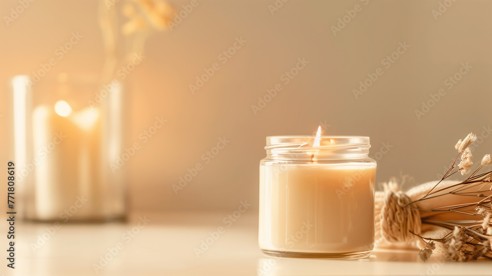 candles burning soy way candle in an amber glass jar cream colored tea light. Minimalist loft home interior design of modern living room. candles burning soy way candle in an amber glass jar cream colored tea light. Minimalist loft home interior design of modern living room.