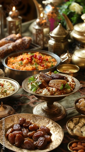Sumptuous Spread Of Traditional Arabic Food Served During Ramadan Featuring Dates and Almonds