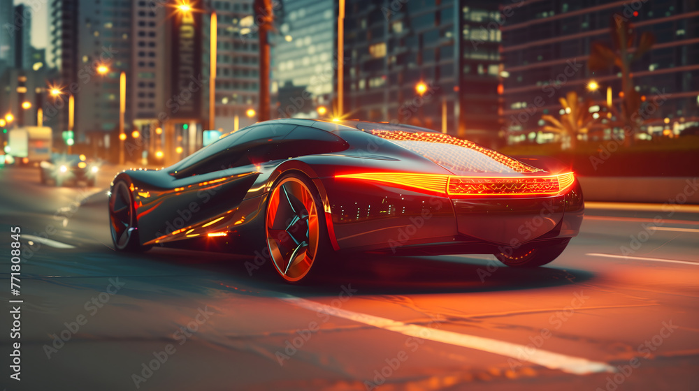 Futuristic sports car driving in the city at night, red lights on the back of the vehicle