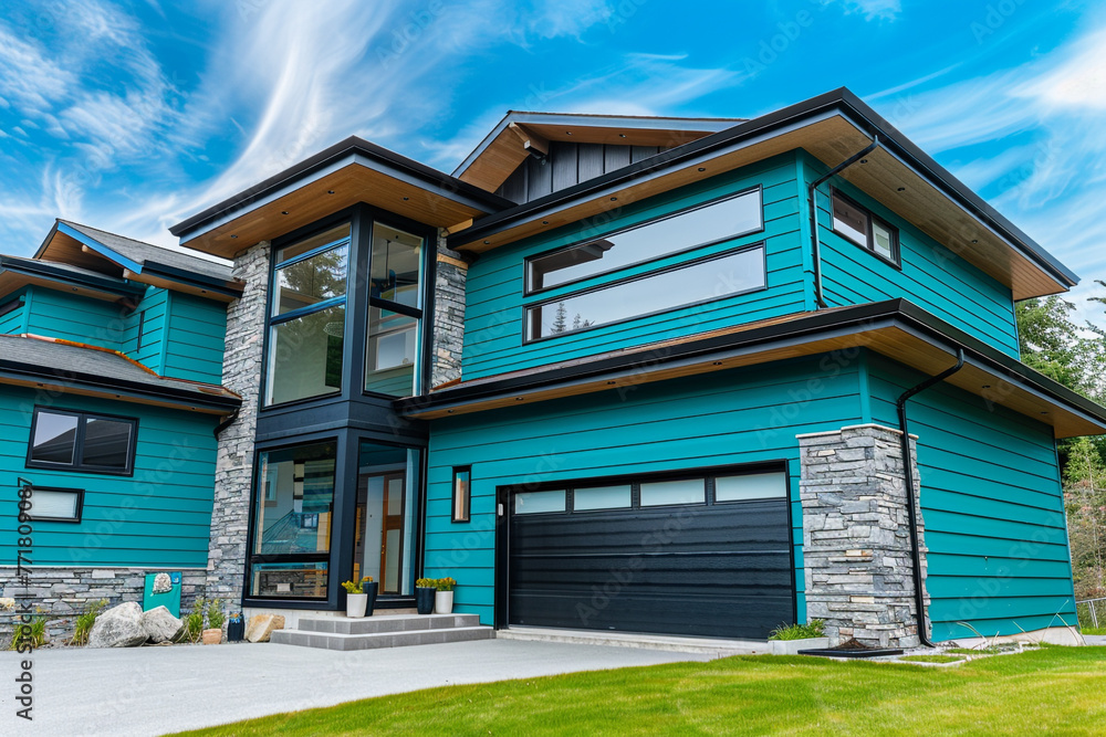 Opulent modern-style residence freshly constructed, boasting bold teal siding complemented by natural stone wall trim, with a clean, garage-free exterior.