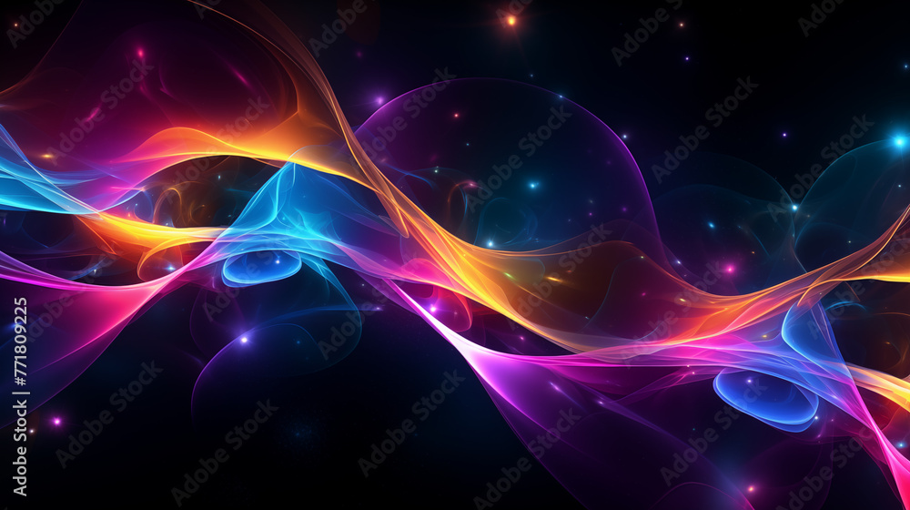 Abstract neon fractal wallpaper with space. Colorful vortex energy, cosmic spiral waves, multicolor swirls explosion. Abstract futuristic digital background.