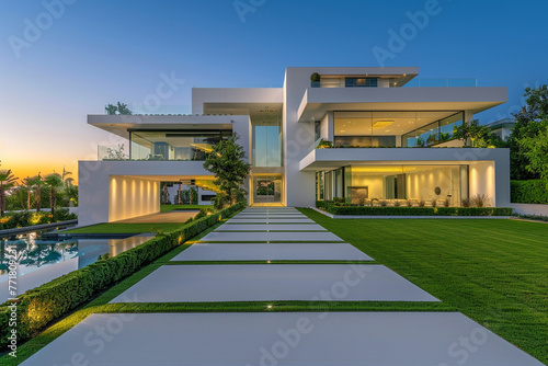 Sleek White Modern Luxury Home Exterior with Perfectly Manicured Lawn and Leading Pathway to a Grand Front Entrance
