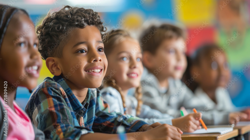 Kids during lesson in classroom, diversity, back to school, vibrant colors Kids during lesson in classroom, diversity, back to school, vibrant colors