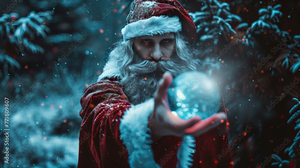 Santa Claus gives a magic glass ball that can grant wishes outdoors in the snowy season.