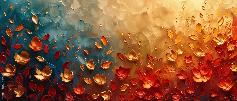 Artwork made of oil paint. Flowers and leaves. Sprinkle the paint on the paper. Shiny golden texture. Prints, wallpaper, posters, cards, murals, rugs, hangings, wall art, art posters. - obrazy, fototapety, plakaty 