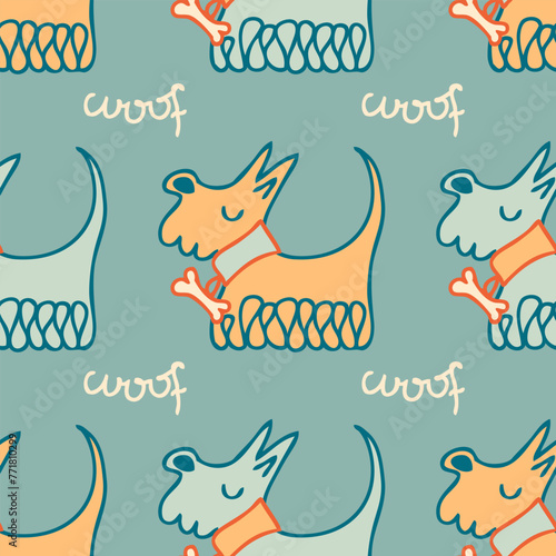 Hand drawn cute shaggy dogs in collars with bones and text woof seamless pattern. Animal cartoon vector character print. Perfect for tee, paper, textile and fabric.