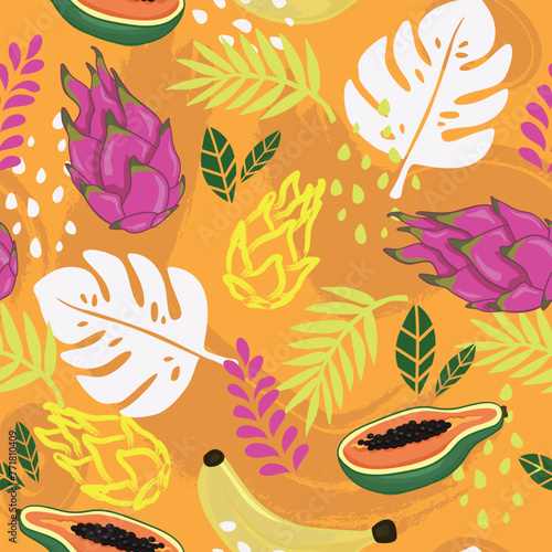 Tropical seamless vector pattern on a orange background with exotic leaves and fruits. Perfect for wallpaper, food wrapping paper, fabric, background etc.