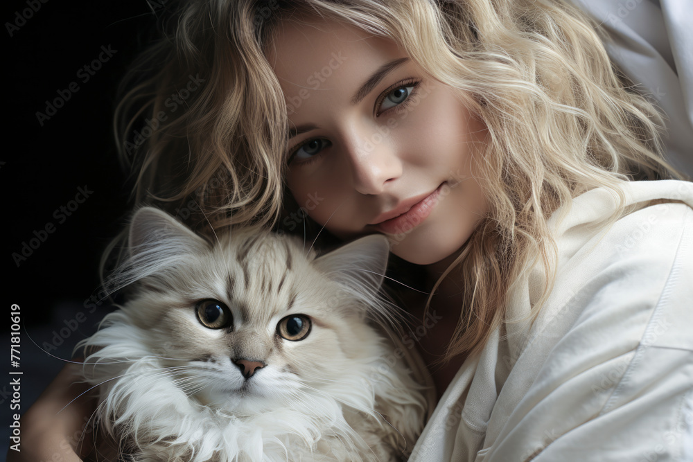 woman is holding a cat and smiling. The cat is fluffy and white. The woman's hair is long and blonde. Scene is happy and affectionate woman is holding a cat and smiling. The cat is fluffy and white. The woman's hair is long and blonde. Scene is happy and affectionate