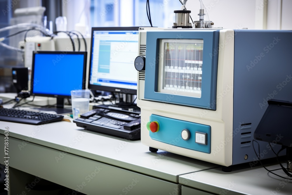 An intricate view of a gas chromatograph column amidst the hustle and bustle of an active industrial science lab An intricate view of a gas chromatograph column amidst the hustle and bustle of an active industrial science lab