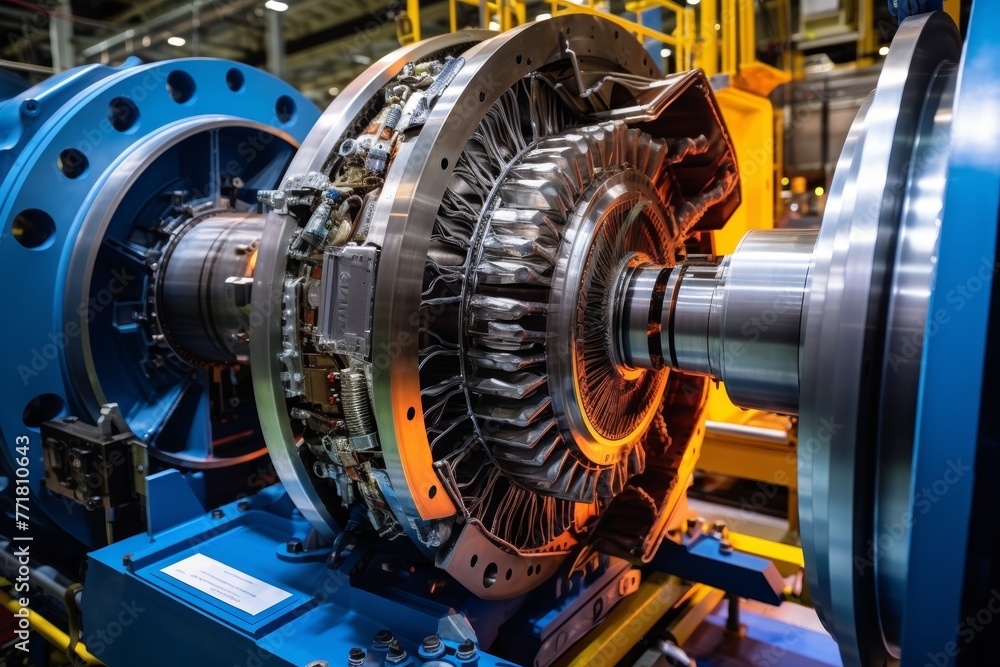 Industrial generator rotor captured in detail amidst the complex ...