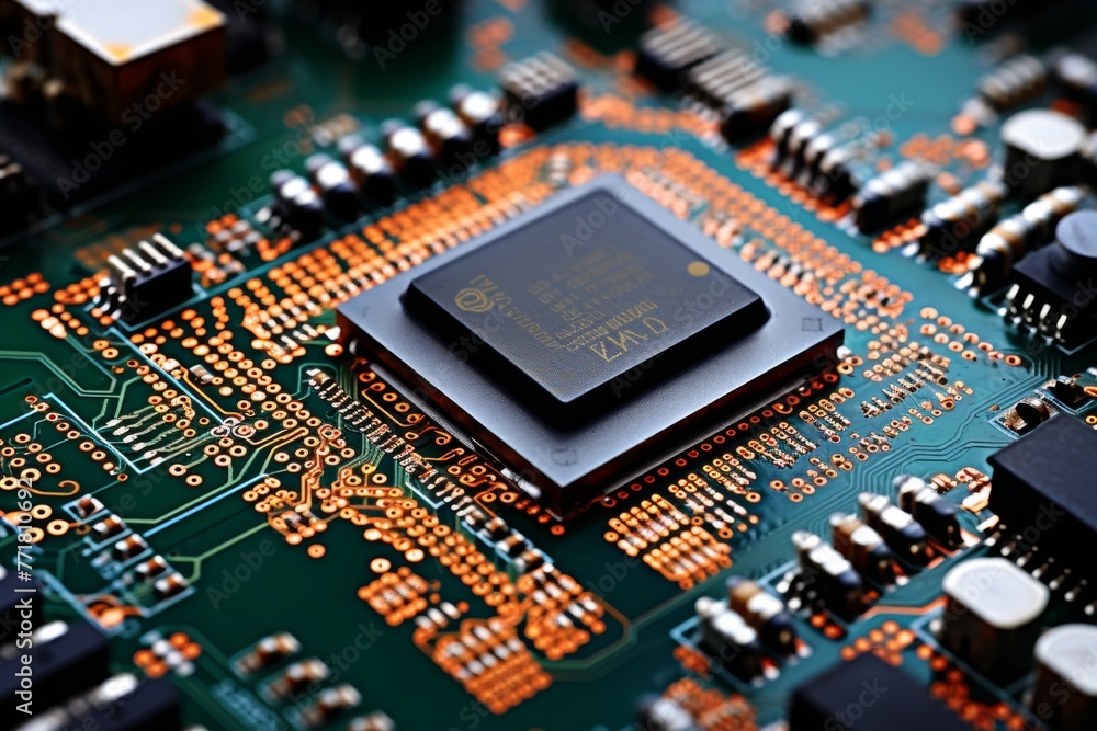 Detailed View of a Semiconductor Chip and its Neighboring Electronic Parts on a Circuit Board in an Electronics Manufacturing Facility Detailed View of a Semiconductor Chip and its Neighboring Electronic Parts on a Circuit Board in an Electronics Manufacturing Facility