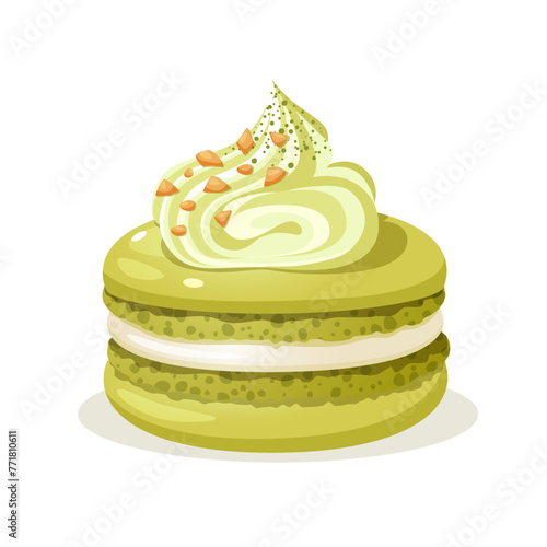 Vector yummy French dessert macarons with pistachio flavor decorated cream and pistachio nuts.
