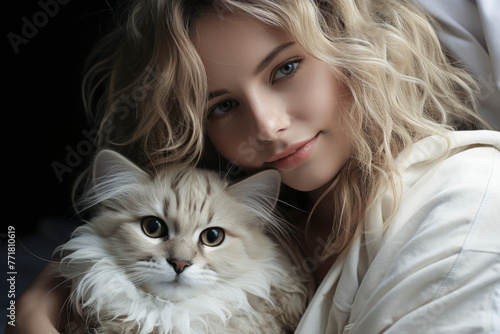 woman is holding a cat and smiling. The cat is fluffy and white. The woman s hair is long and blonde. Scene is happy and affectionate