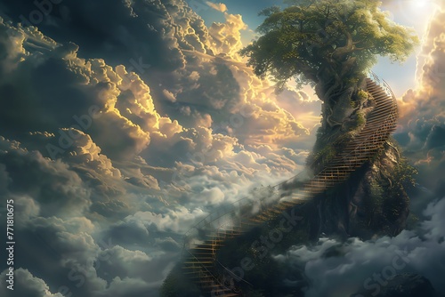 : A winding staircase spiraling upwards around a colossal tree trunk, disappearing into the clouds.