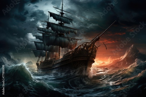 Raging waves and black clouds surrounding an old ship - maritime adventure beauty and danger