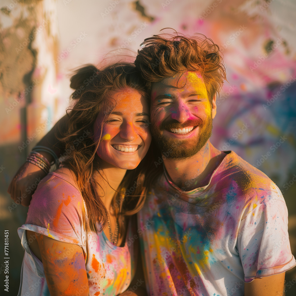 Portrait of happy young caucasian couple covered with holi paint on colorful background Portrait of happy young caucasian couple covered with holi paint on colorful background