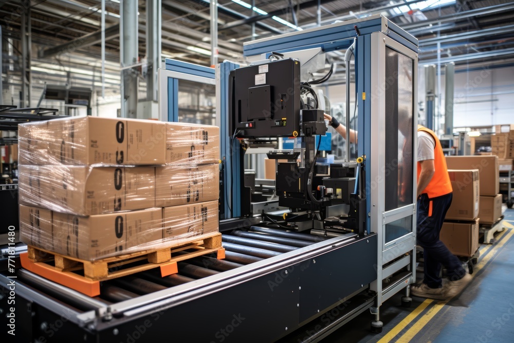 The Intersection of Technology and Labor: A Palletizer Arm at Work in a Bustling Warehouse Environment The Intersection of Technology and Labor: A Palletizer Arm at Work in a Bustling Warehouse Environment