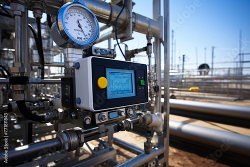 Industrial scene featuring a state-of-the-art methane detector against a backdrop of complex machinery photo