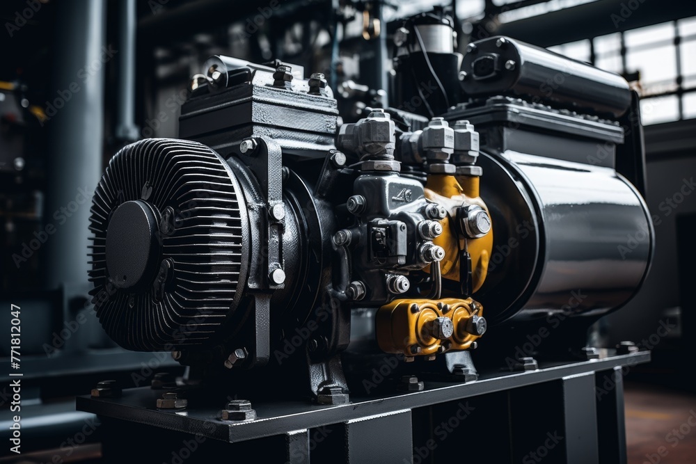Aircraft's Auxiliary Power Unit (APU) captured in high detail amidst the rugged backdrop of an industrial workspace Aircraft's Auxiliary Power Unit (APU) captured in high detail amidst the rugged backdrop of an industrial workspace