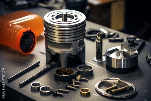 Precision-crafted piston assembly displayed amidst an array of specialized mechanical tools in a neat workshop