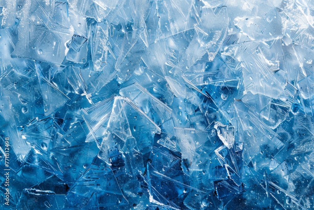 Blue surface covered with shattered glass. Intense and dramatic broken glass scene. Blue surface covered with shattered glass. Intense and dramatic broken glass scene.