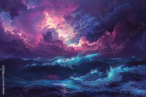 Dramatic stormy night seascape with giant waves and lightning, powerful ocean landscape, AI generated art © Lucija