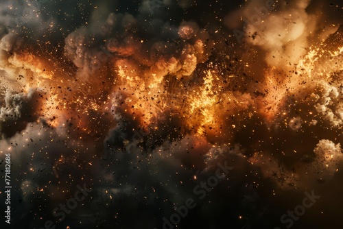 Dramatic series of fiery explosions with smoke and debris  isolated on black background  3D illustration