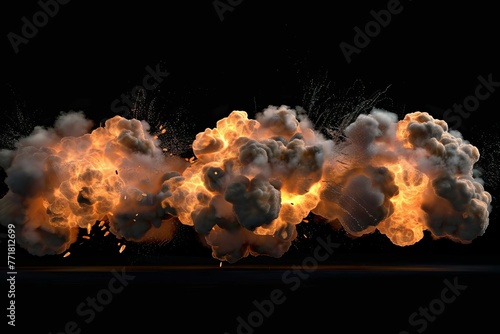 Dramatic series of fiery explosions with smoke and debris, isolated on black background, 3D illustration