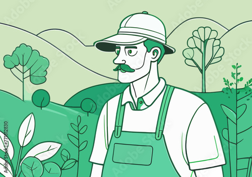 Man in Hat and Overalls Standing in Field vector illustration