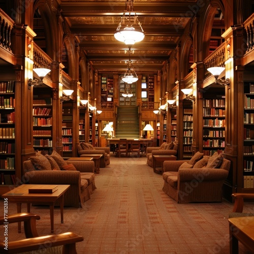 Library Setting: Create a cozy and inviting library atmosphere with comfortable seating, warm lighting, and rows of bookshelves lining the walls. Generative AI