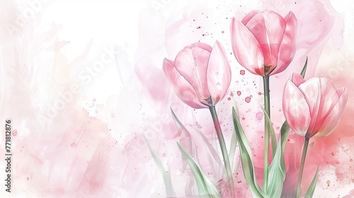 Subtle watercolor design featuring pale pink tulips with a transparent effect, perfect for an elegant fragrance packaging background.