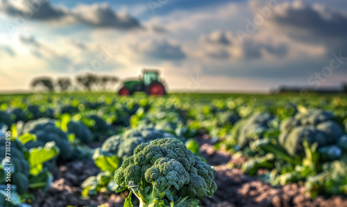 Close-up of broccoli in a farmer's bed with a tractor harvesting the crop on the horizon. photo